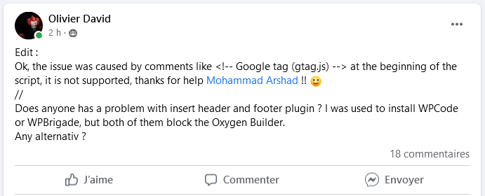 Insert code in Head section Oxygen builder