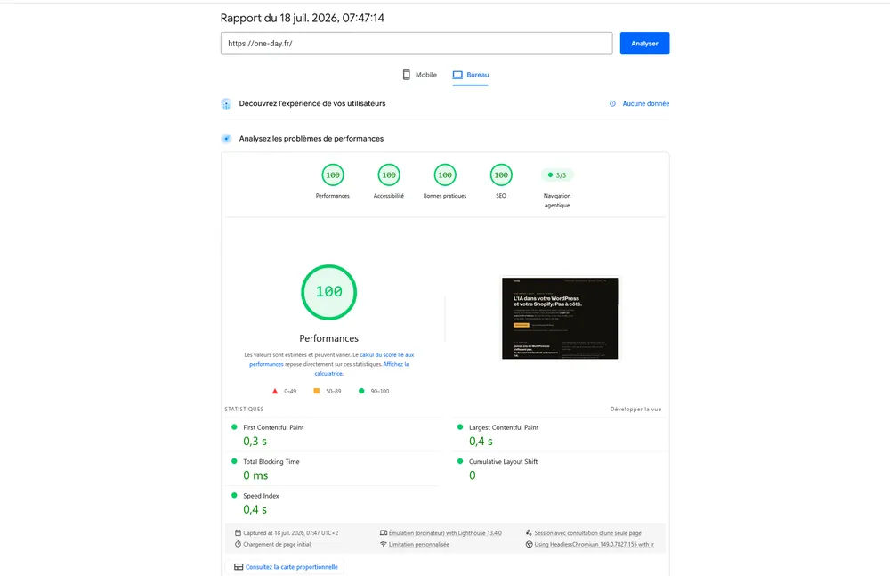 Rapport PageSpeed Insights desktop de one-day.fr sous Astro : performance 100, FCP 0,3 s, LCP 0,4 s, TBT 0 ms, toutes les métriques dans le vert