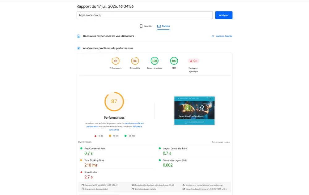 Rapport PageSpeed Insights desktop de one-day.fr sous WordPress : performance 87, FCP 0,7 s, LCP 0,7 s, TBT 210 ms, Speed Index 2,7 s