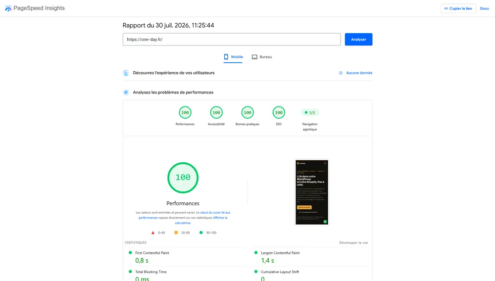 Rapport PageSpeed Insights mobile de one-day.fr après optimisation : performance, accessibilité, bonnes pratiques et SEO à 100, navigation agentique 3/3, FCP 0,8 s, LCP 1,4 s, TBT 0 ms, CLS 0