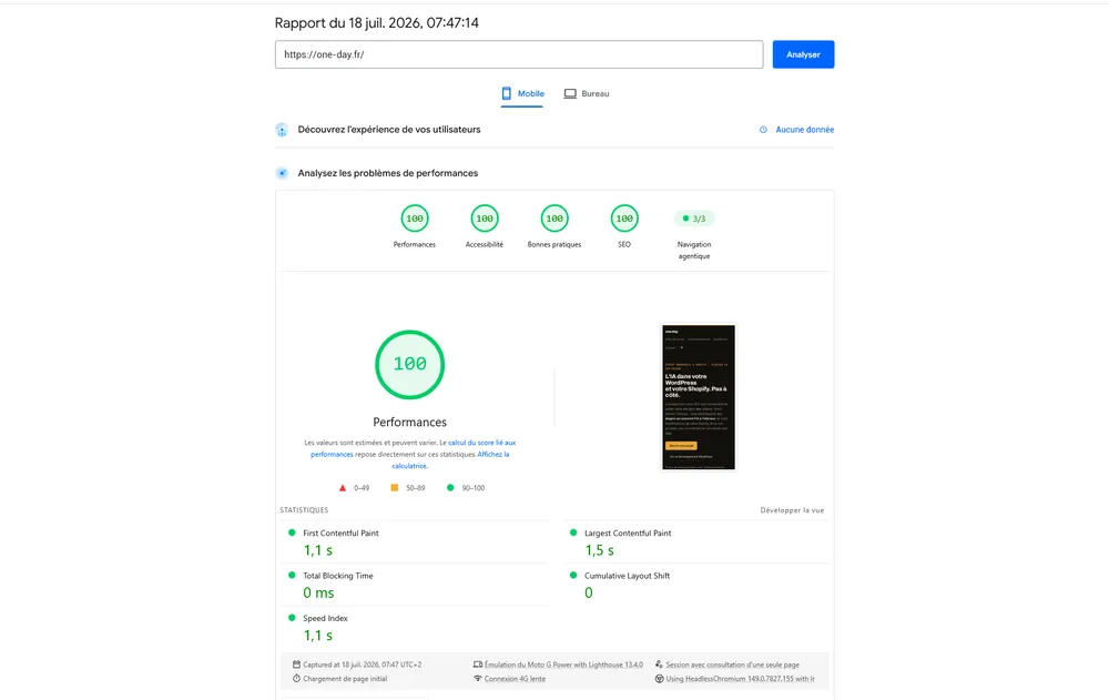 Rapport PageSpeed Insights mobile de one-day.fr sous Astro : performance 100, FCP 1,1 s, LCP 1,5 s, TBT 0 ms, CLS 0, Speed Index 1,1 s