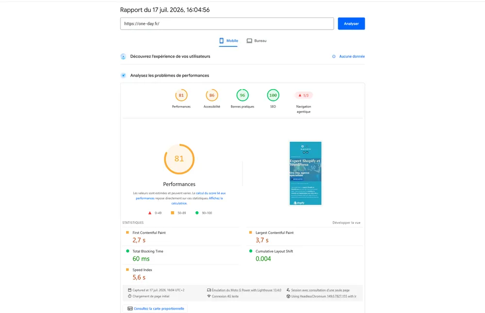 Rapport PageSpeed Insights mobile de one-day.fr sous WordPress : performance 81, FCP 2,7 s, LCP 3,7 s, TBT 60 ms, Speed Index 5,6 s