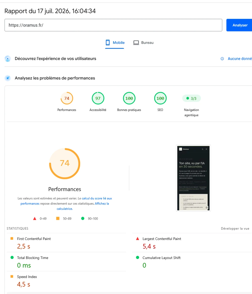 Score PageSpeed mobile de 74/100 avant optimisation des polices et des images